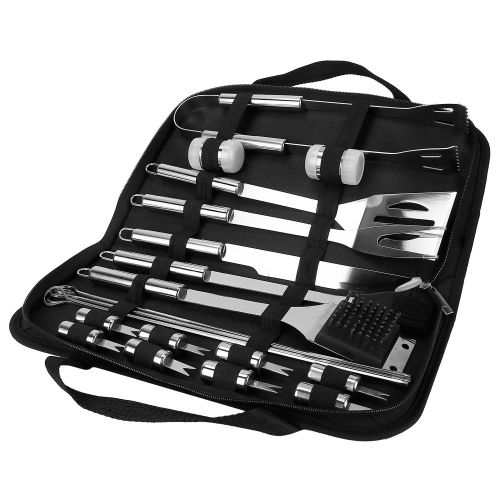 Stainless Steel BBQ Grill Tool Kit Grilling Utensil Accessories w/ Spatula Tongs Fork Knife Brush Pepper Salt Shaker Bottle Grilled Skewers Corn Need